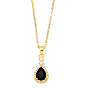Detailed view of pear-shaped black zircon pendant with pavé diamond halo on gold chain