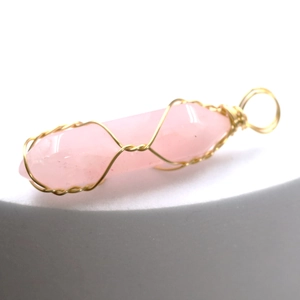 Handmade wire-wrapped rose quartz hexagonal column pendant necklace in golden finish