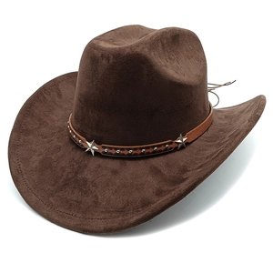 Classic dark brown suede western cowboy hat with star-studded leather band ornament