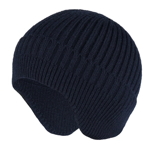 Men's dark blue winter knit beanie hat with ear protection and ribbed texture