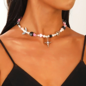 Y2K gothic pearl choker with butterfly, star charms and billiard number eight bead