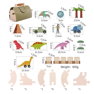 Detailed dimensions of wooden dinosaur park toy set components and carrying case