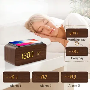 Smart wooden LED alarm clock with wireless charging and dual temperature time display