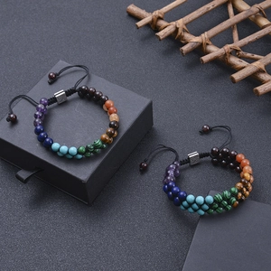 Chakra Lebensbaum 6mm Naturstein Armband mit verstellbaren dreireihigen Perlen im Set