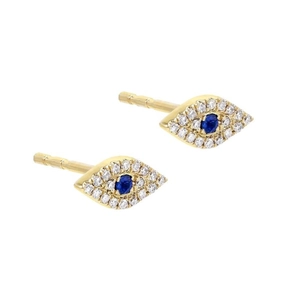 Detail of gold evil eye stud earrings with blue zircon and white crystal accents