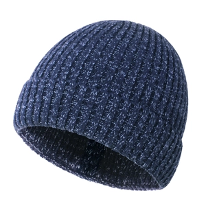 Detail of dark blue rib-knit baby beanie with melange texture and folded cuff
