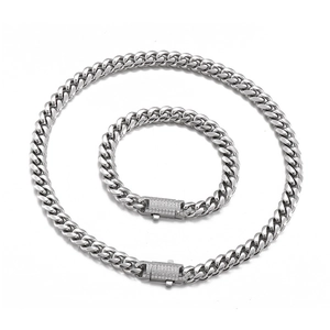 Silver Cuban link chain necklace and bracelet set with iced-out rhinestone buckle