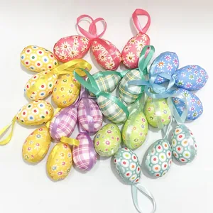 Easter Decorative Eggs Foam Fabric Wrapped Hanging Ornaments For Easter Party Home Decor Floral Polka Dot Plaid Pattern Egg Pendant