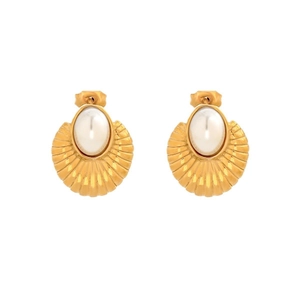 Elegant gold plated oval pearl stud earrings with textured shell design on white backdrop