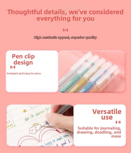 Dettaglio di penne metallizzate glitterate con clip trasparenti per disegno e diari