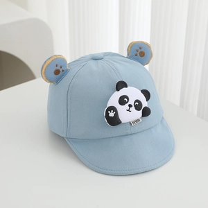 Detail of baby panda hat showing light blue fabric, soft brim, and cute 3D ears