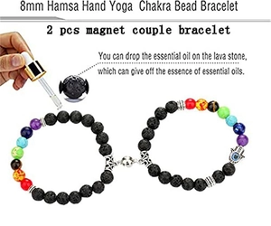 8mm lava stone and chakra bead bracelets with heart magnets and Hamsa Hand charms