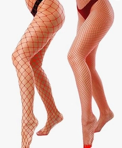 Detail view of red fishnet pantyhose showing large and small mesh density patterns