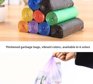 Thickened colorful trash bags roll showing heavy duty load capacity and six color options