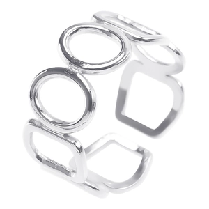 Detailed view of silver geometric hollow ring with adjustable open design in minimalist style