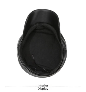 Detail view of the black newsboy hat's interior lining and adjustable drawstring cord