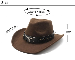 Brown western cowboy hat size guide showing 57-58cm head circumference and 8cm brim