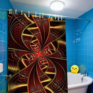 Detail of mandala shower curtain with geometric pattern and white plastic hanging hooks