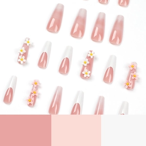 Coffin press-on nails with 3D daisies and pink white gradient French tip design