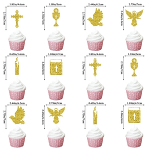 12-piece gold glitter religious cake toppers featuring crosses, angels, and bibles for baptism