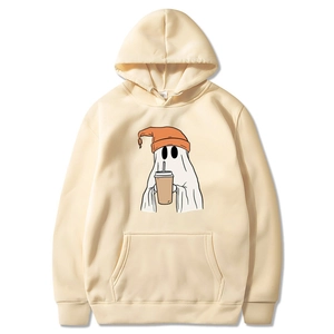 Felpa con cappuccio Halloween crema con illustrazione fantasma e tasca a marsupio