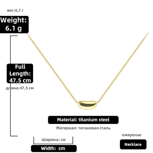 Macro view of gold bean pendant necklace in titanium steel with detailed measurements