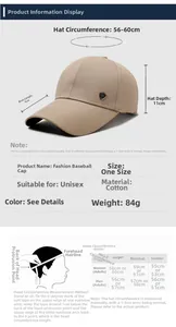 Size guide for cotton baseball cap showing 9cm brim and adjustable 56-60cm circumference