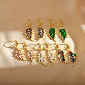 Elegant gold leaf dangle earrings with colorful crystal marquise stones in five colors
