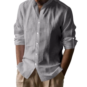 Detail of light gray linen henley shirt showing fabric texture and stand collar