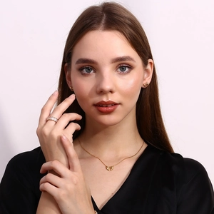18K gold plated bow jewelry set with ribbon earrings, necklace and zircon ring