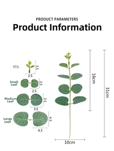Vue détaillée de feuilles d'eucalyptus artificielles montrant textures et mesures