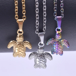 Minimalist turtle pendant necklaces in gold, silver and rainbow stainless steel finishes