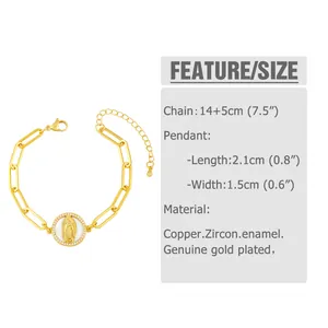 Detailed size chart for Virgin Mary gold chain bracelet with pendant dimensions