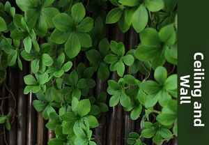 Detailed close-up of artificial green ivy leaves for wall and ceiling decoration