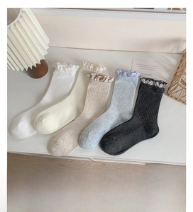Detail of five-pair women's mid-calf socks with lace edges and ribbed knit texture