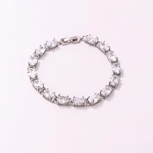 Detail of silver-toned 17cm tennis bracelet with 0.6cm oval cubic zirconia stones