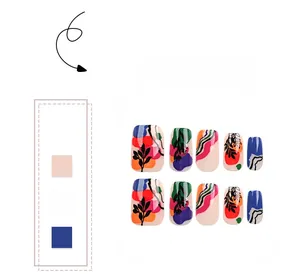 Detailed set of 10 artistic press-on nails featuring colorful abstract plant leaf patterns