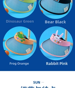 Detail of four cartoon breathable mesh kids sun visors with wide brims and baby patches