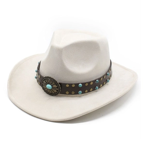 Classic cream faux suede western cowboy hat with turquoise and bronze flower buckle trim
