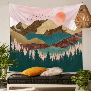Detail of bohemian moon phase tapestry with abstract mountains and sun for wall decor