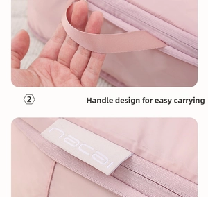 Macro detail of the reinforced pink handle and the nacai logo on travel organizer bag