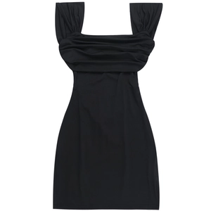 Detailed flat lay of black bodycon mini dress with ruched straps and slim fit design