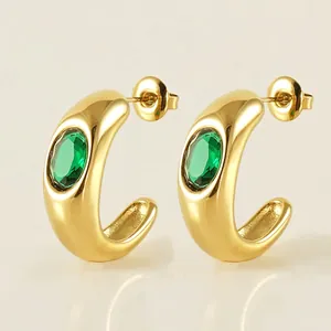 18K Gold Plated Stainless Steel Earrings With Green Zircon C Shape Hoop Vintage Geometric Jewelry For Women