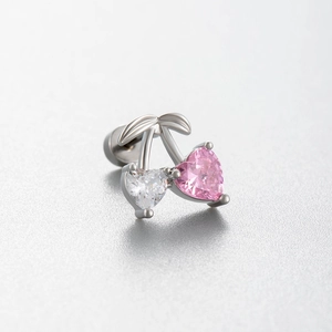 Pink heart cherry stud earrings in silver stainless steel with sparkling cubic zirconia