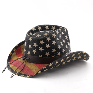 Chapeau de cowboy en paille style western avec motifs étoiles et rayures de plage