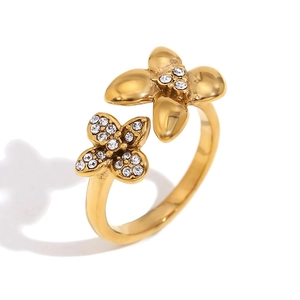 18K gold plated stainless steel open ring featuring dual flower design with white zircons