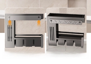 Detail view of 23cm backplate for wall-mounted kitchen rack with screw kit included