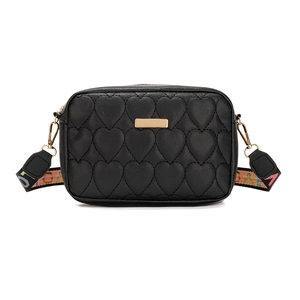 Women's black quilted heart camera bag with colorful LOVE patterned wide strap