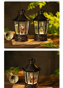 Detail view of retro bronze Christmas lantern featuring Santa and Snowman with warm LED light