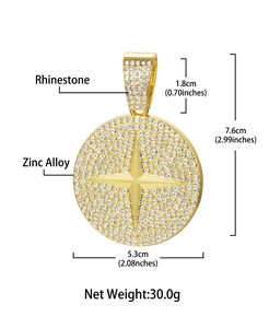 Macro detail of iced-out star pendant showing 5.3cm diameter and 30g weight specs